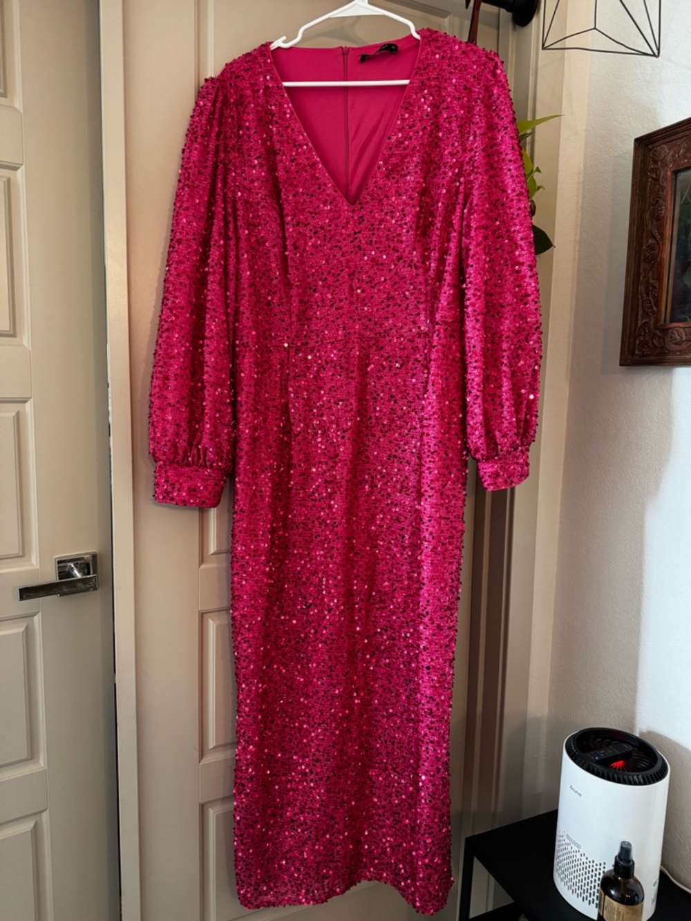 Floor-length Pink Sequin Long-sleeve V-Neck Dress with Side Slit